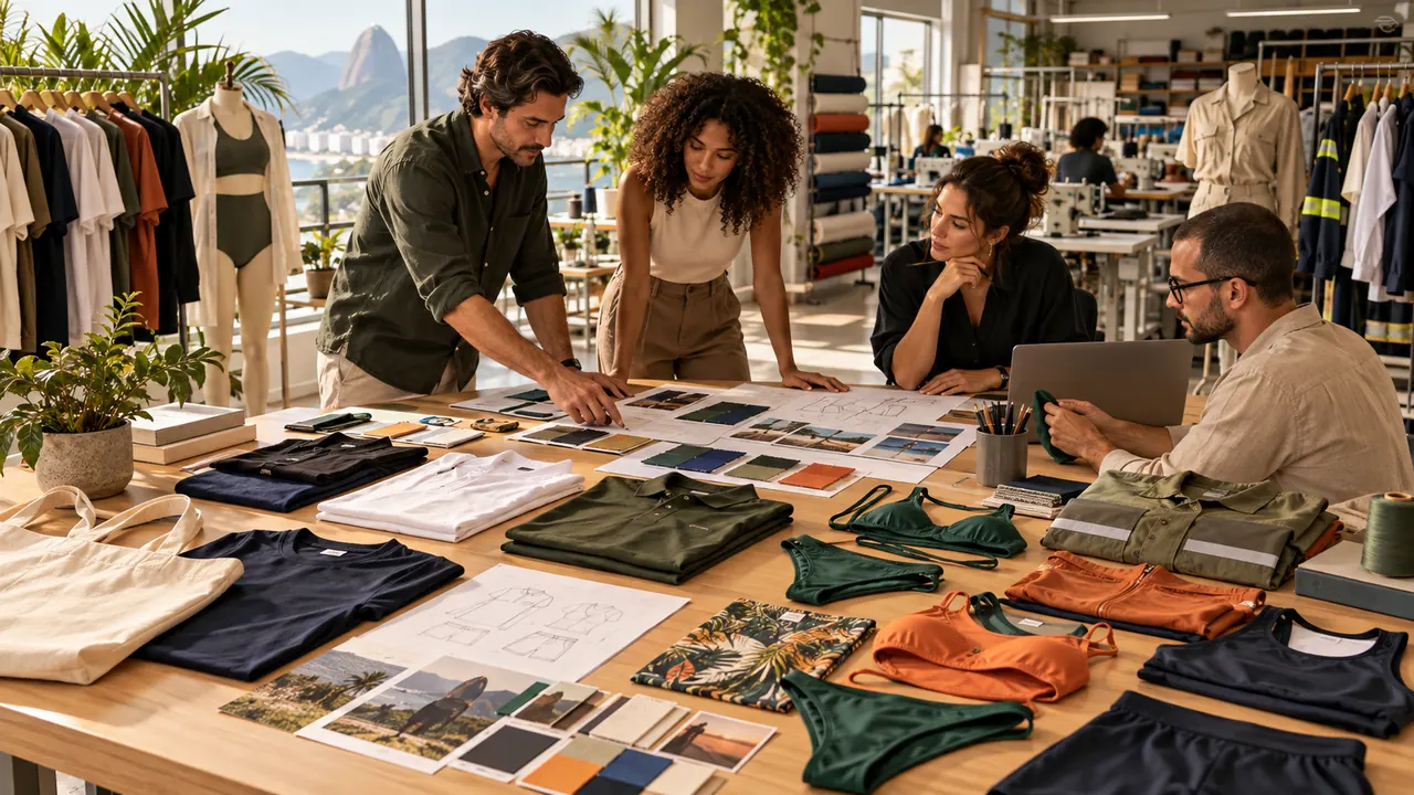 Imagem editorial ilustrativa de desenvolvimento de camisetas, uniformes, moda praia e outras peças personalizadas